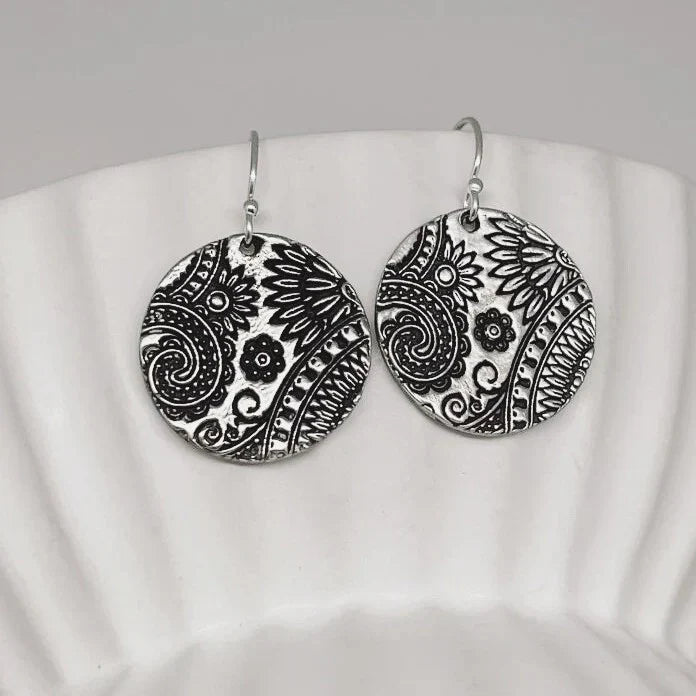 Vintage Rounded Mandala Silvered Earrings