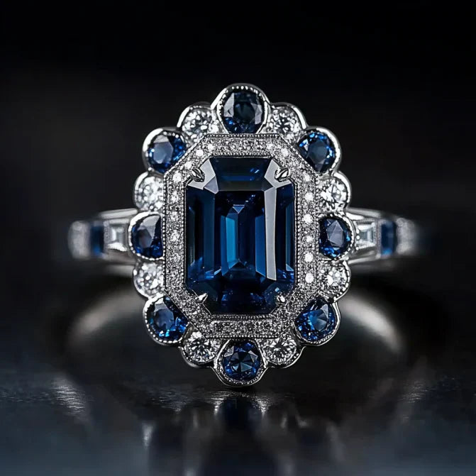 Vintage Blue Crystal Mandala Silver Ring